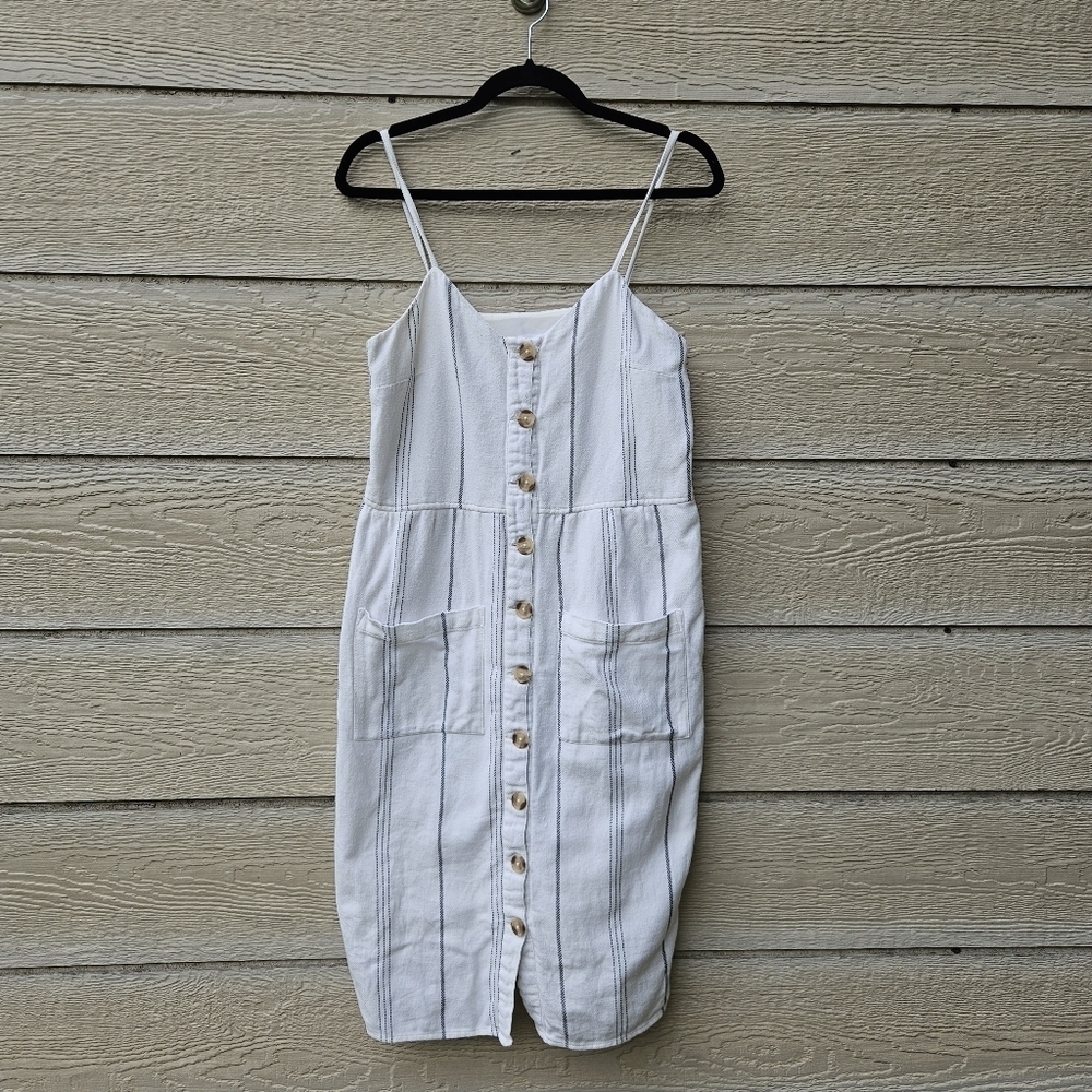 Oak & Fort white sleeveless sun dress with grey stripes and pockets medium